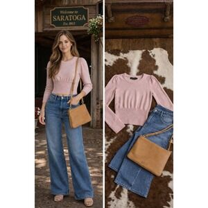 Vince Camuto Women Pink Pleated Crew Neck Puff Sleeve Cotton Blend Sweater Sz S